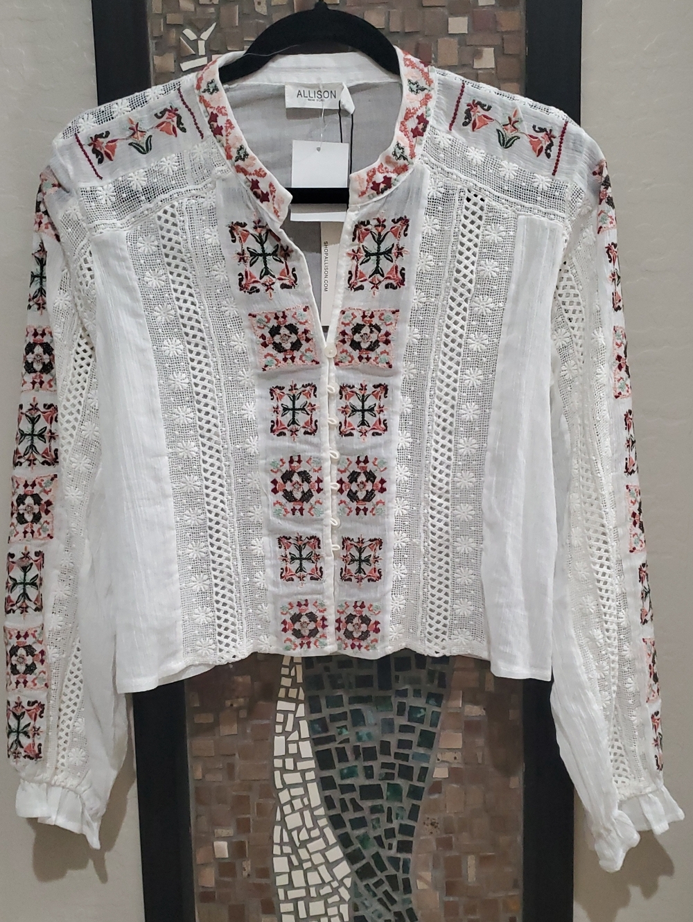 Allison White Embroidered Long-Sleeve Cropped Mandarin Collar Peasant Blouse
